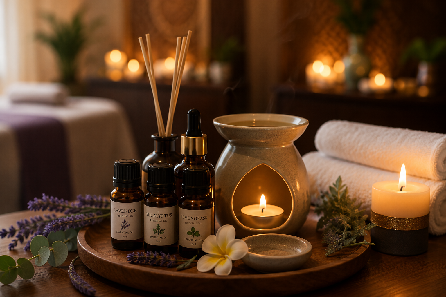 Aromatherapy oils and luxury spa details at Aura Wellness Lucknow